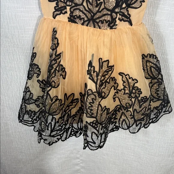 Maeve Nude Tulle Mini Dress with Black Floral Appliqué - Picture 7 of 10
